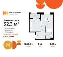 Планировка однокомнатной(квартира) площадью 32.3 квадратных метров в “ЖК Прокшино”