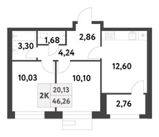 Планировка двухкомнатной(квартира) площадью 46.26 квадратных метров в “ЖК Smart Garden (Смарт Гарден)”