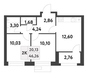 Планировка двухкомнатной(квартира) площадью 46.26 квадратных метров в ЖК “ЖК Smart Garden (Смарт Гарден)”