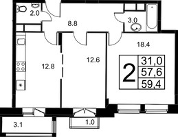 Планировка двухкомнатной(квартира) площадью 59.4 квадратных метров в “ЖК Город-событие Лайково”