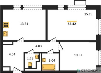 Планировка двухкомнатной(квартира) площадью 53.42 квадратных метров в ЖК “ЖК Пятницкие луга”