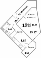 Планировка однокомнатной(квартира) площадью 39.48 квадратных метров в “ЖК Народный”