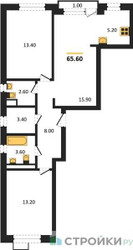 Планировка двухкомнатной(квартира) площадью 65.6 квадратных метров в ЖК “ЖК Новая Щербинка”