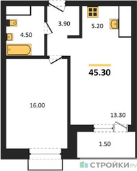 Планировка однокомнатной(квартира) площадью 45.3 квадратных метров в ЖК “ЖК Вестердам”