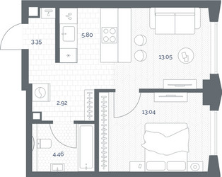 Планировка однокомнатной(квартира) площадью 42.62 квадратных метров в ЖК “ЖК TATE (Тэйт)”