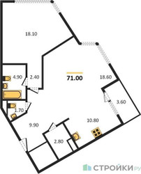 Планировка двухкомнатной(квартира) площадью 71 квадратных метров в ЖК “ЖК Архитектор”
