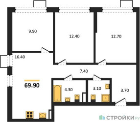 Планировка трехкомнатной(квартира) площадью 69.9 квадратных метров в ЖК “ЖК Деснаречье”