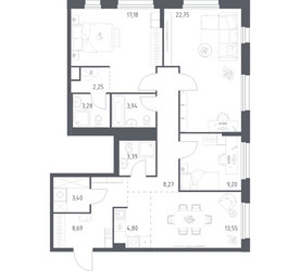 Планировка трехкомнатной(квартира) площадью 100.7 квадратных метров в ЖК “ЖК Новое Внуково”