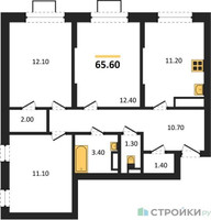 Планировка трехкомнатной(квартира) площадью 65.6 квадратных метров в “ЖК Видный берег 2”