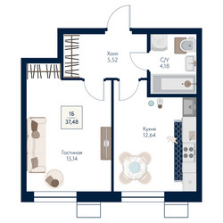 Планировка однокомнатной(квартира) площадью 37.48 квадратных метров в ЖК “ЖК Бархат”