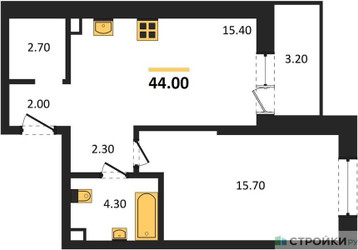 Планировка однокомнатной(квартира) площадью 43.9 квадратных метров в ЖК “ЖК Одинцовские кварталы”