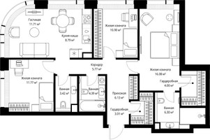 Планировка трехкомнатной(квартира) площадью 92.27 квадратных метров в “ЖК Веер”