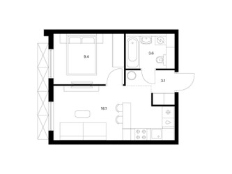 Планировка однокомнатной(квартира) площадью 32.2 квадратных метров в ЖК “ЖК Яуза Парк (Мытищи)”