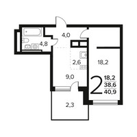 Планировка двухкомнатной(квартира) площадью 40.9 квадратных метров в “Новые Ватутинки. Заречный”