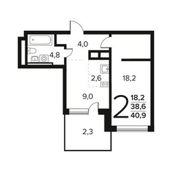 Планировка двухкомнатной(квартира) площадью 40.9 квадратных метров в ЖК “Новые Ватутинки. Заречный”