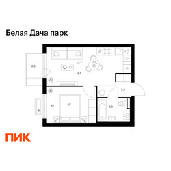 Планировка однокомнатной(квартира) площадью 34.4 квадратных метров в ЖК “ЖК Белая Дача парк”
