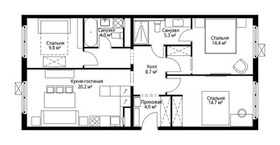 Планировка трехкомнатной(квартира) площадью 81.1 квадратных метров в ЖК “ЖК Эко Видное 2.0”