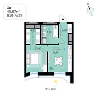 Планировка однокомнатной(квартира) площадью 45.87 квадратных метров в “СберСити в Рублево-Архангельском”