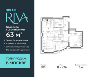 Планировка трехкомнатной(квартира) площадью 63 квадратных метров в ЖК “ЖК Дрим Рива”
