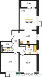 Планировка трехкомнатной(квартира) площадью 62.5 квадратных метров в ЖК “ЖК Первый Лермонтовский”