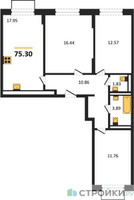 Планировка трехкомнатной(квартира) площадью 75.3 квадратных метров в “ЖК Квартал Домашний”