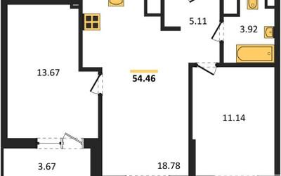 Планировка двухкомнатной(квартира) площадью 54.46 квадратных метров в ЖК “ЖК Светлый мир Станция Л”