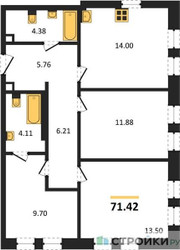 Планировка трехкомнатной(квартира) площадью 71.42 квадратных метров в ЖК “ЖК Sezar City (Сезар Сити)”