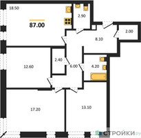 Планировка трехкомнатной(квартира) площадью 87 квадратных метров в “ЖК Первый Московский”