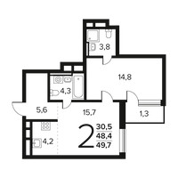 Планировка двухкомнатной(квартира) площадью 49.7 квадратных метров в “Новые Ватутинки. Заречный”