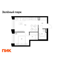 Планировка однокомнатной(квартира) площадью 34.6 квадратных метров в ЖК “ЖК Зеленый парк”