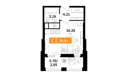Планировка студии(квартира) площадью 26.51 квадратных метров в ЖК “ЖК Планерный Квартал”