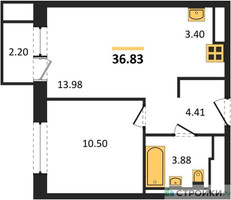 Планировка однокомнатной(квартира) площадью 36.5 квадратных метров в “ЖК Пригород Лесное”