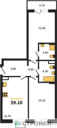 Планировка двухкомнатной(квартира) площадью 59.1 квадратных метров в ЖК “ЖК Прокшино”