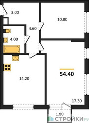Планировка двухкомнатной(квартира) площадью 54.4 квадратных метров в ЖК “ЖК Sokolinn Park (Соколинн Парк)”