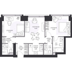 Планировка двухкомнатной(квартира) площадью 60.7 квадратных метров в ЖК “ЖК Hide (Хайд)”