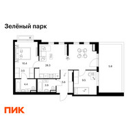 Планировка двухкомнатной(квартира) площадью 71.4 квадратных метров в “ЖК Зеленый парк”