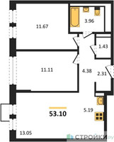 Планировка двухкомнатной(квартира) площадью 53.1 квадратных метров в “ЖК Квартал Авиаторов”