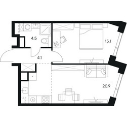Планировка однокомнатной(квартира) площадью 44.6 квадратных метров в ЖК “ЖК Нексус от Аквилон”