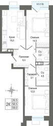 Планировка двухкомнатной(квартира) площадью 58.5 квадратных метров в ЖК “ЖК КИНОКВАРТАЛ”