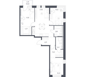 Планировка трехкомнатной(квартира) площадью 77.36 квадратных метров в ЖК “ЖК Квартал Ивакино”
