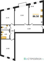 Планировка трехкомнатной(квартира) площадью 86.5 квадратных метров в “ЖК Эльйон”