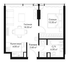 Планировка однокомнатной(квартира) площадью 43.6 квадратных метров в ЖК “ЖК Слава”