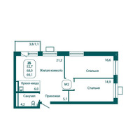 Планировка двухкомнатной(квартира) площадью 69.1 квадратных метров в “ЖК Андреевка Life (Андреевка Лайф)”