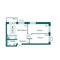 Планировка двухкомнатной(квартира) площадью 69.1 квадратных метров в ЖК “ЖК Андреевка Life (Андреевка Лайф)”