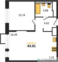 Планировка однокомнатной(квартира) площадью 42.4 квадратных метров в “ЖК Пригород Лесное”