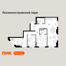 Планировка трехкомнатной(квартира) площадью 77.6 квадратных метров в ЖК “ЖК Лосиноостровский парк”