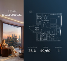 Планировка однокомнатной(квартира) площадью 36.4 квадратных метров в “ЖК СЕЗАР БУДУЩЕЕ”