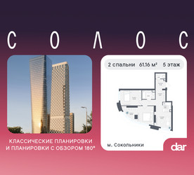 Планировка двухкомнатной(квартира) площадью 61.16 квадратных метров в ЖК “ЖК Солос”