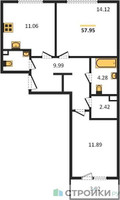 Планировка двухкомнатной(квартира) площадью 57.95 квадратных метров в “Жилые кварталы Новое Пушкино”