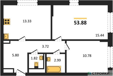 Планировка двухкомнатной(квартира) площадью 53.88 квадратных метров в ЖК “ЖК Подольские кварталы”